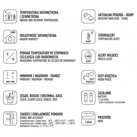 Stacja Pogodowa Elektroniczna Termometr Higrometr Wewnętrzny z Sondą Zewnętrzną Temperatury 170601 2measure