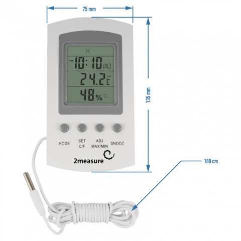 Stacja Pogodowa Elektroniczna Termometr Higrometr Wewnętrzny z Sondą Zewnętrzną Temperatury 170601 2measure