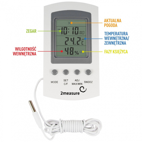 Stacja Pogodowa Elektroniczna Termometr Higrometr Wewnętrzny z Sondą Zewnętrzną Temperatury 170601 2measure