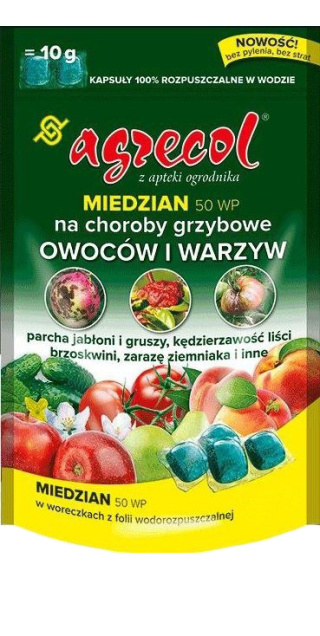 Miedzian 50 WP Kapsułki 10szt Fungicyd Środek Grzybobójczy Do Zwalczania Chorób Grzybowych w Uprawach Roślin Agrecol